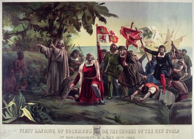 Die erste Landung von Kolumbus an den Ufern der Neuen Welt in San Salvador, 12. Oktober 1492, veröffentlicht von Currier und Ives von Dioscoro Teofilo Puebla Tolin